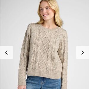 Women's Beige Cable Knit Rhinestone Detail Sweater